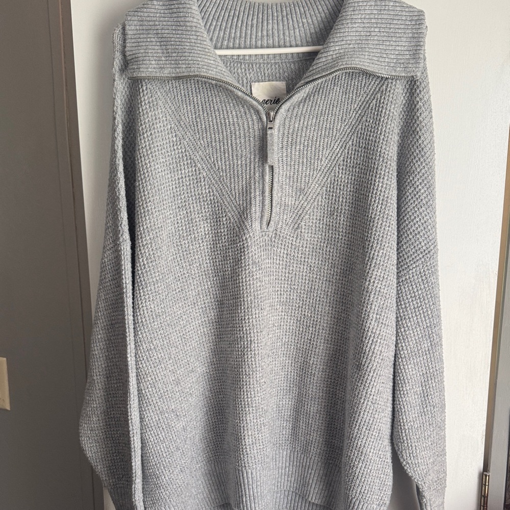 aerie Light Gray Zip-Front Knit Sweater
